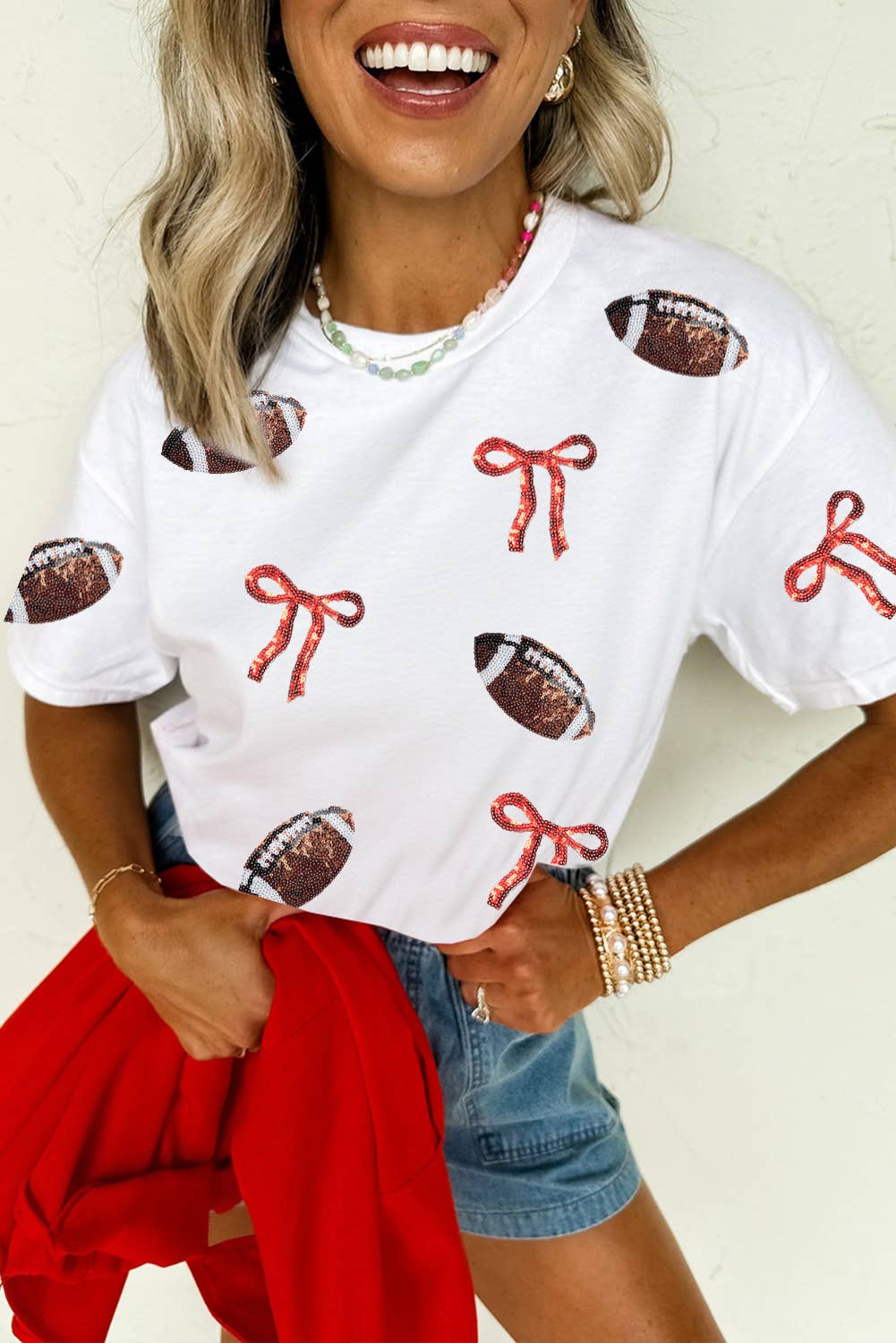 Sequins Game Day Round Neck Short Sleeve Tee