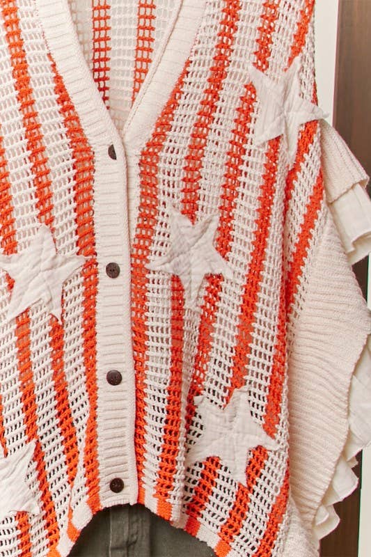 Star Patch Open-Knit Top with Ruffle Detail