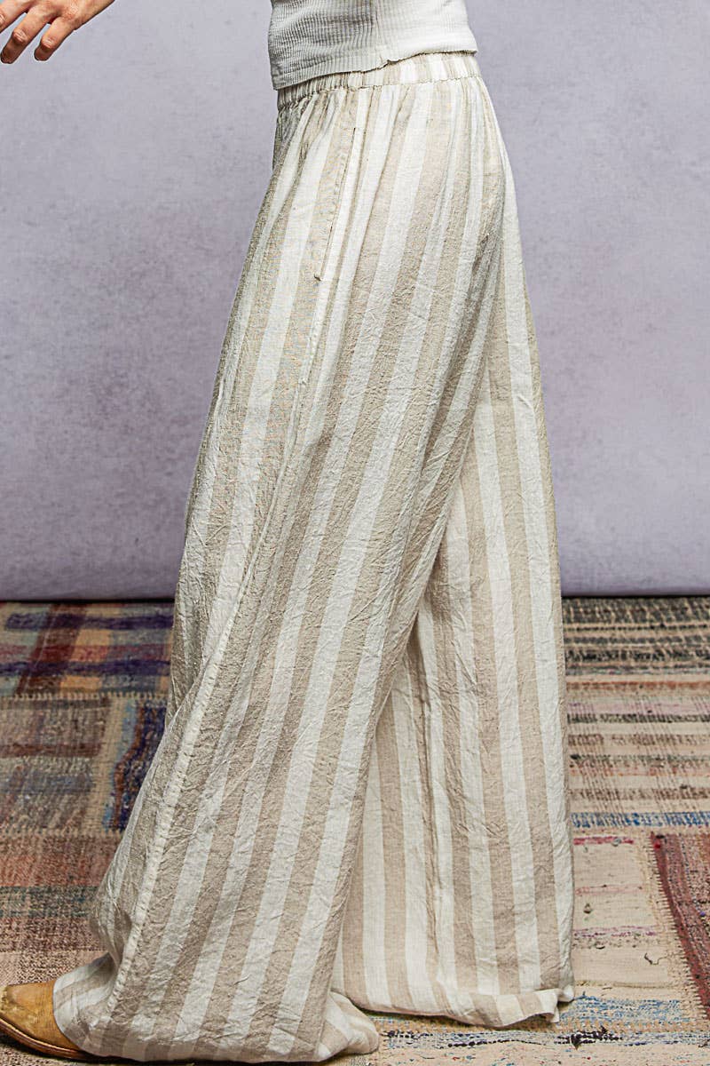 Stripe Pattern Elastic Waist Band Linen Woven Wide Pants