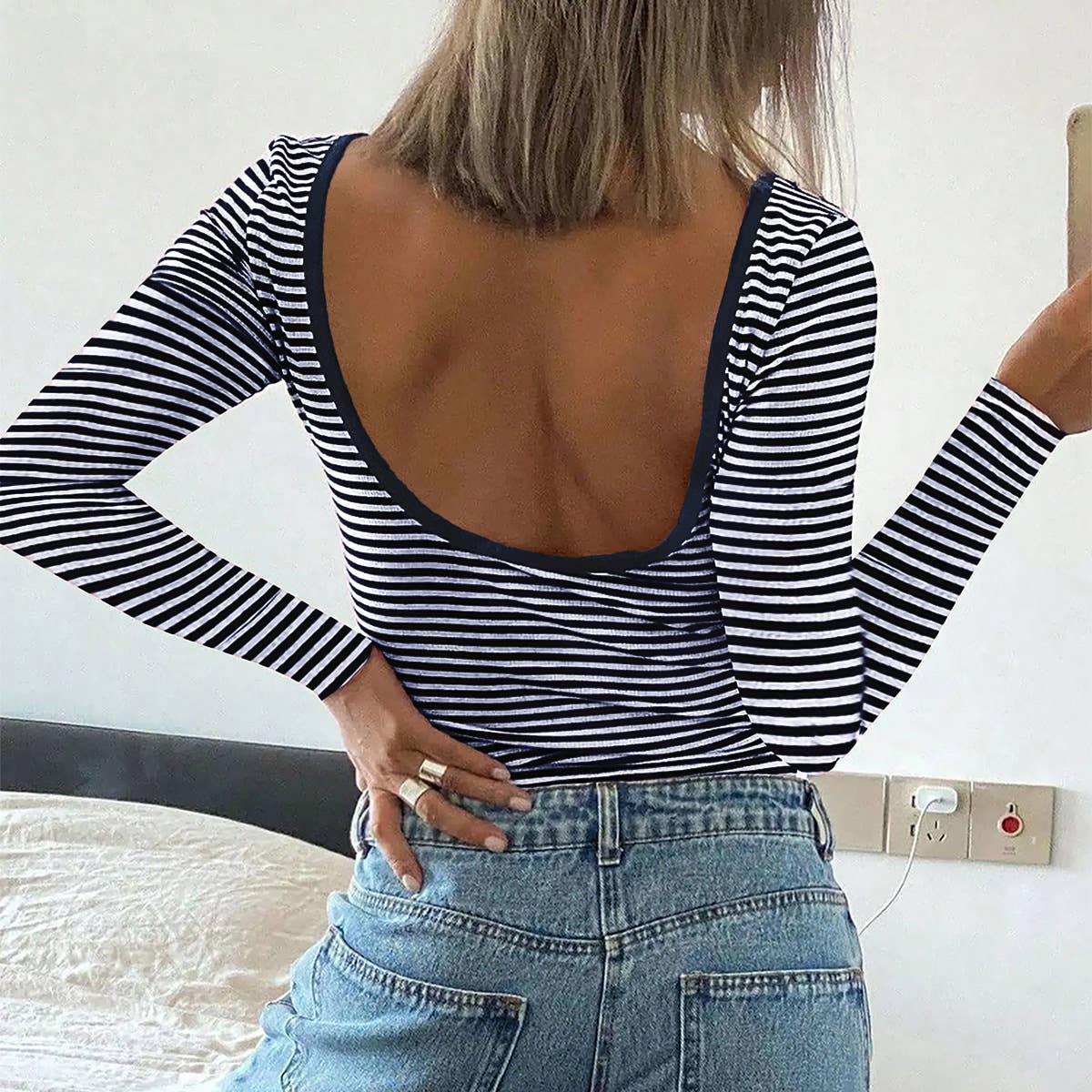 Backless Striped Long Sleeve Top