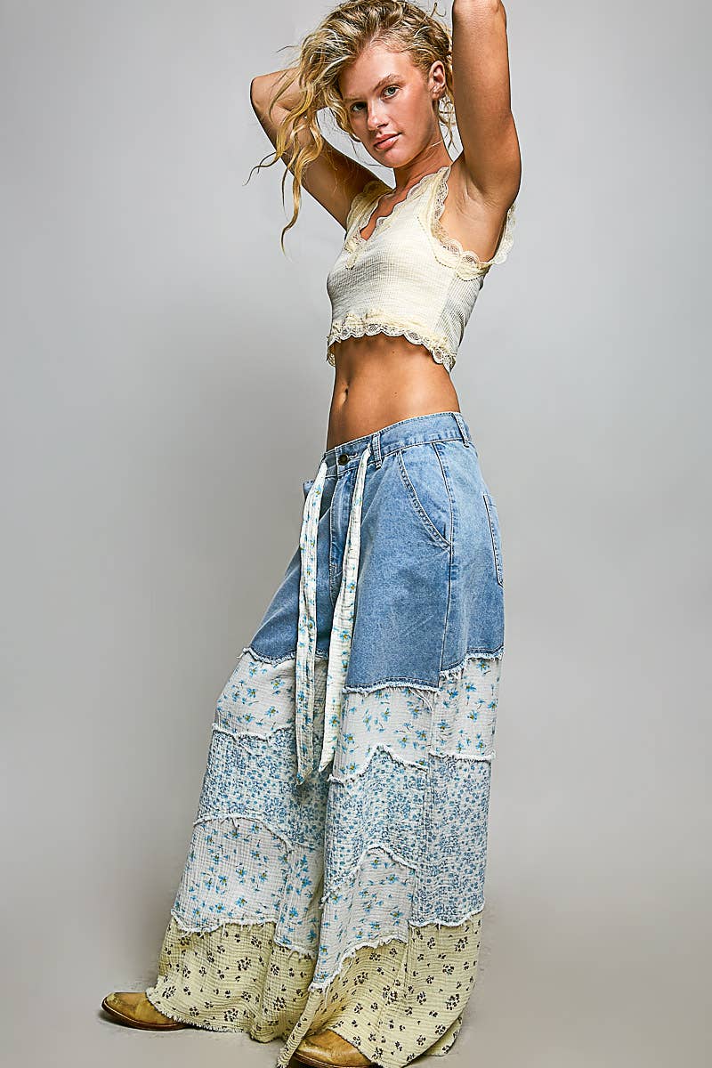 Varied Asymmetrical Patchwork Buckle Back Pants