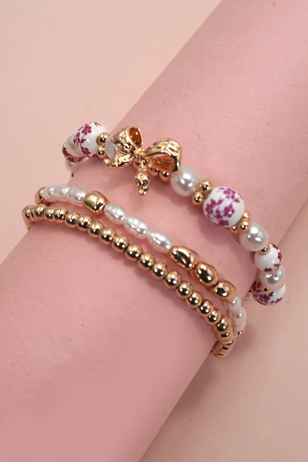 Pink Ceramic Porcelain Bow Multi Layer Bracelet Stack
