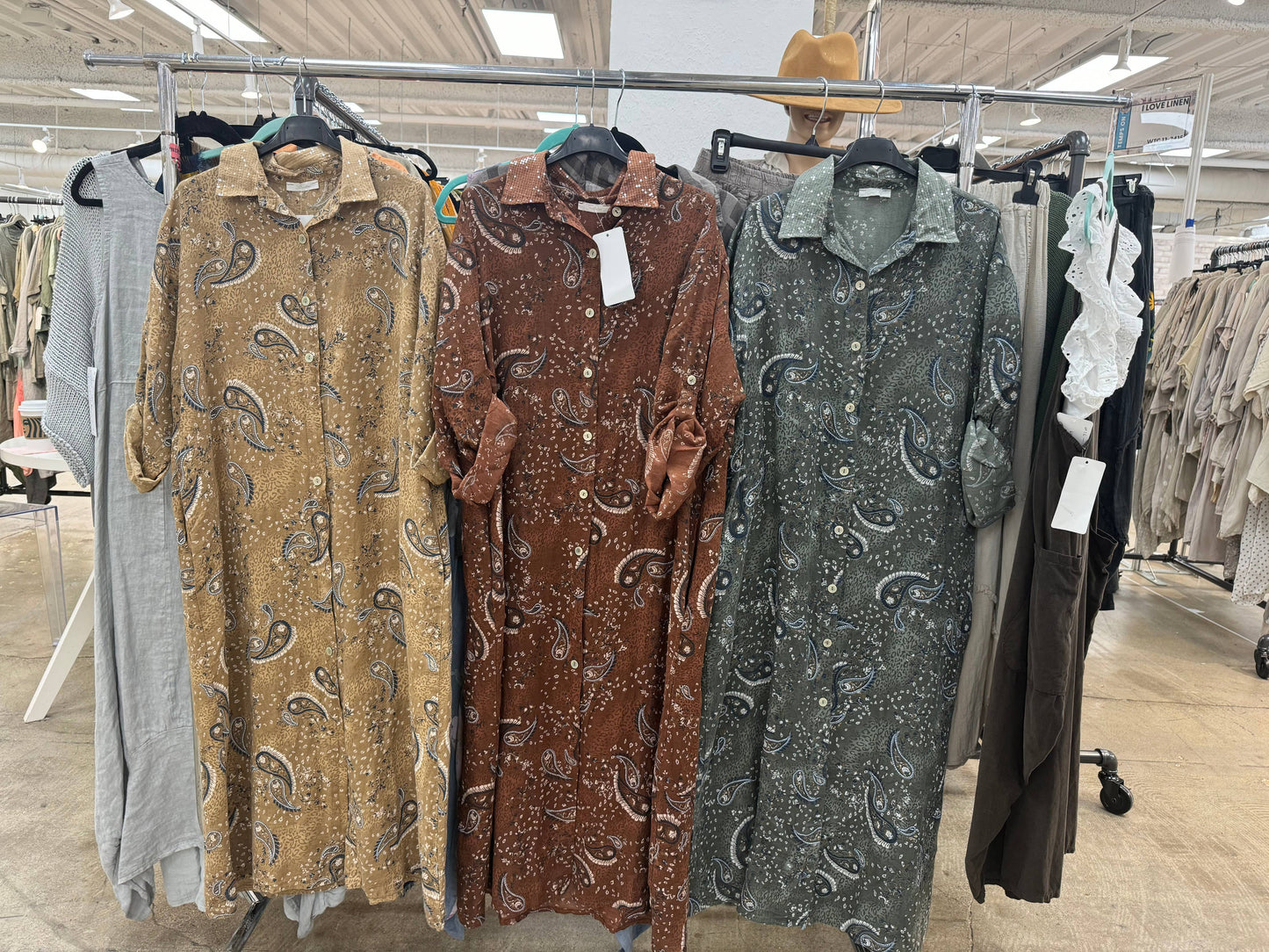 Linen Paisley Button-Up Dress with Sequin Collar
