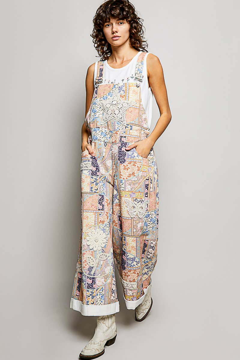 Floral Crochet Pearl Patch Roomy Fit Twill Overalls
