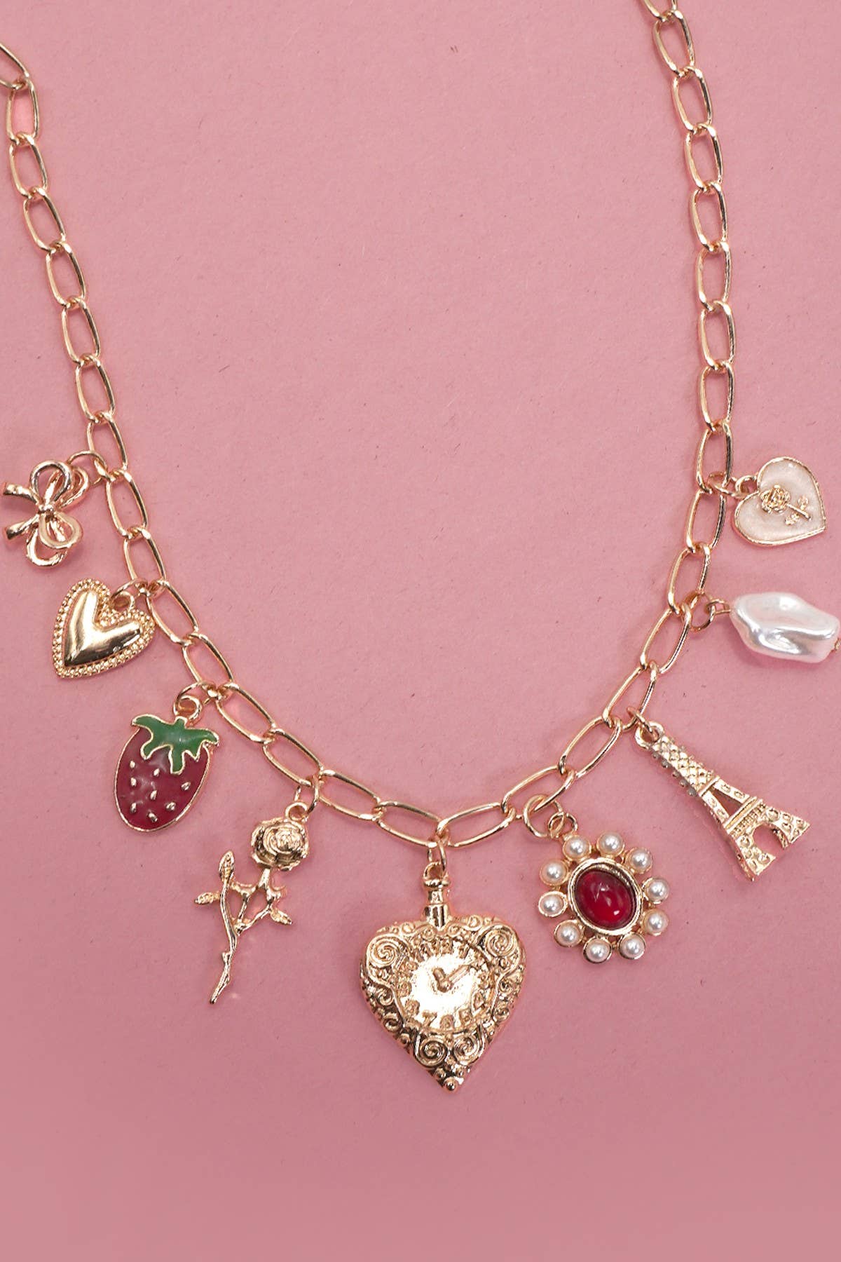 Charm Necklace - Heart Bow Rose Strawberry Eiffel