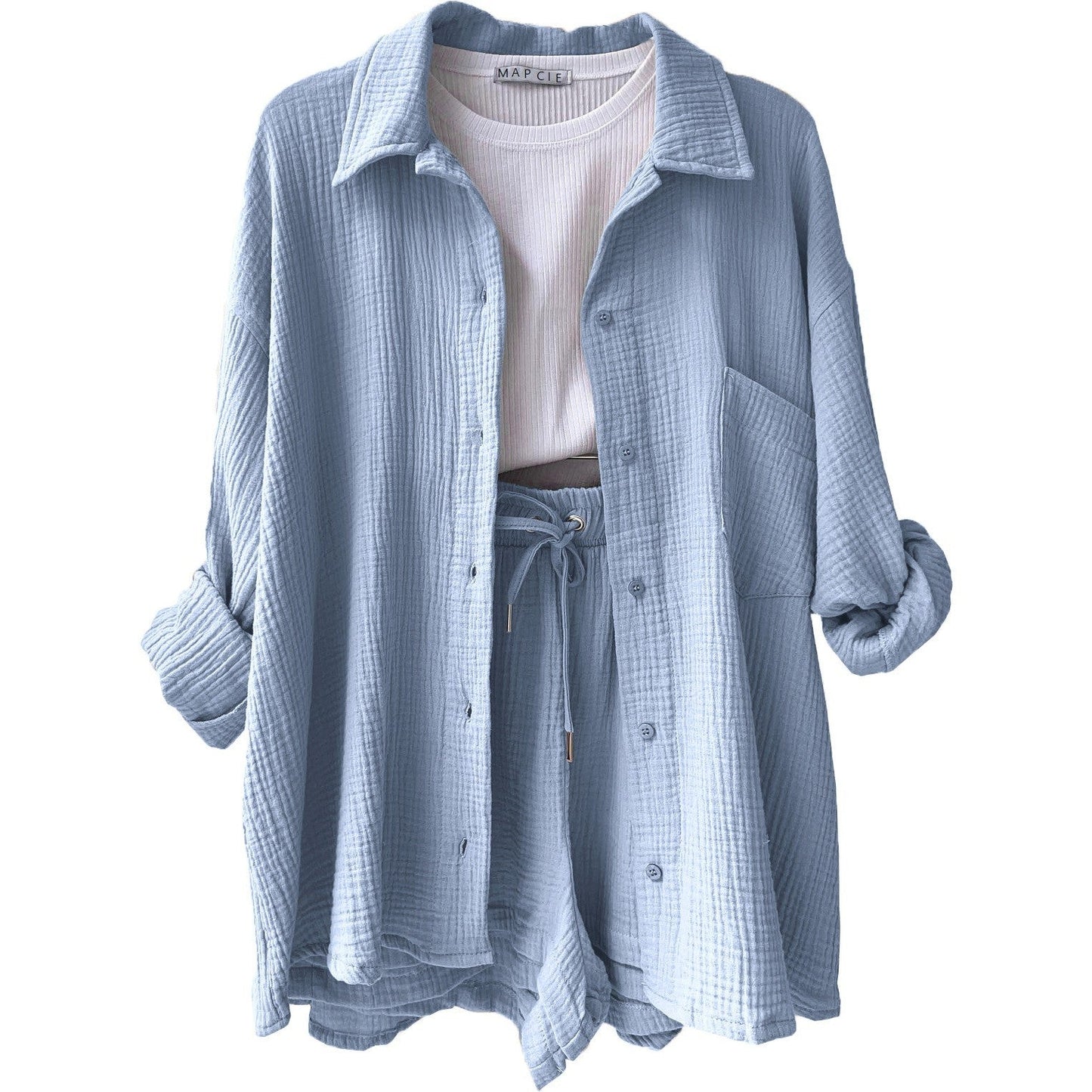 Textured Long Sleeve Button Down Top - Blue