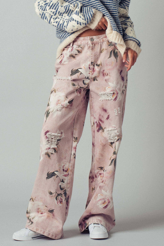 Romantic Rose Print High-Rise Denim Pants