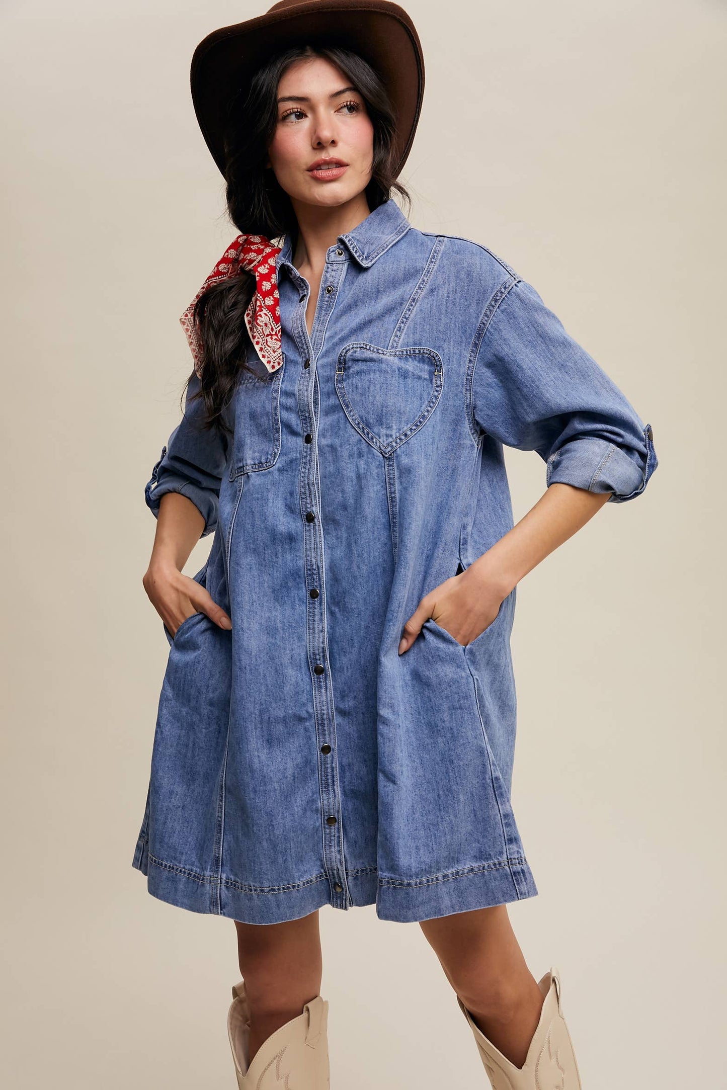 Denim Heart-Pocket Shirt Dress