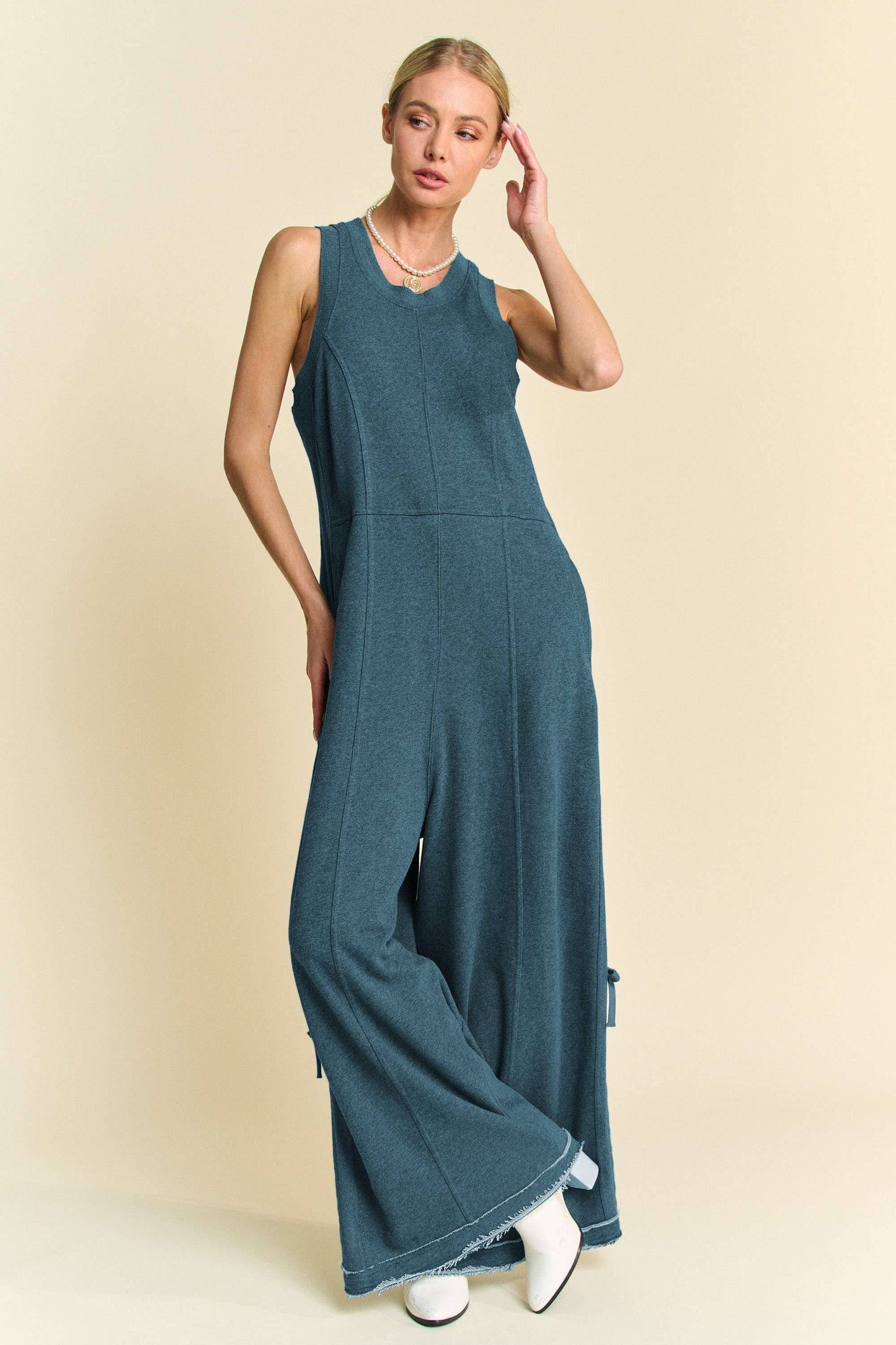 Ribbed Contrast Ruched Side Seam Jumpsuit