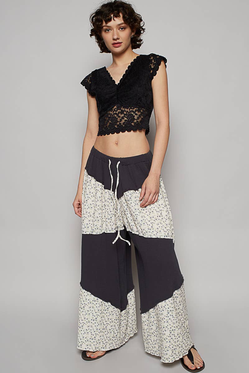 Contrast Floral Double Gauze Woven Pants