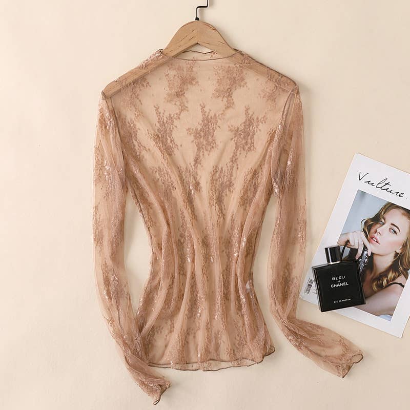 Semi Sheer Mesh Floral Lace Layering See Through Top