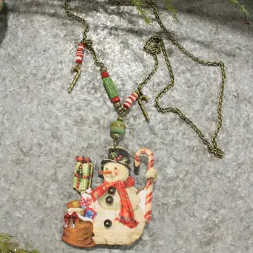 Snowman w/Candy Cane & Packages Charm Necklace