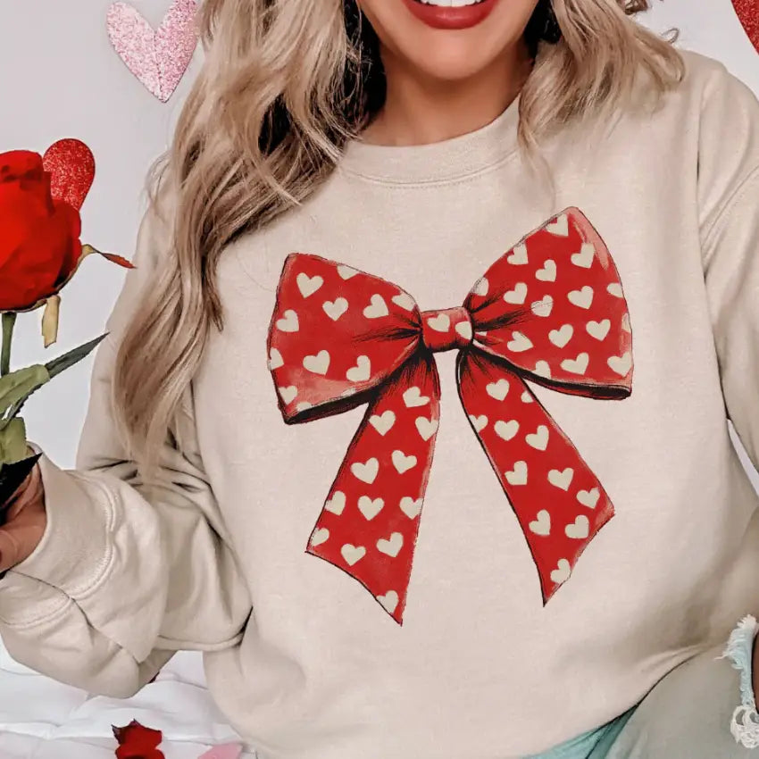 Big Red Bow with Hearts Tee - Sand