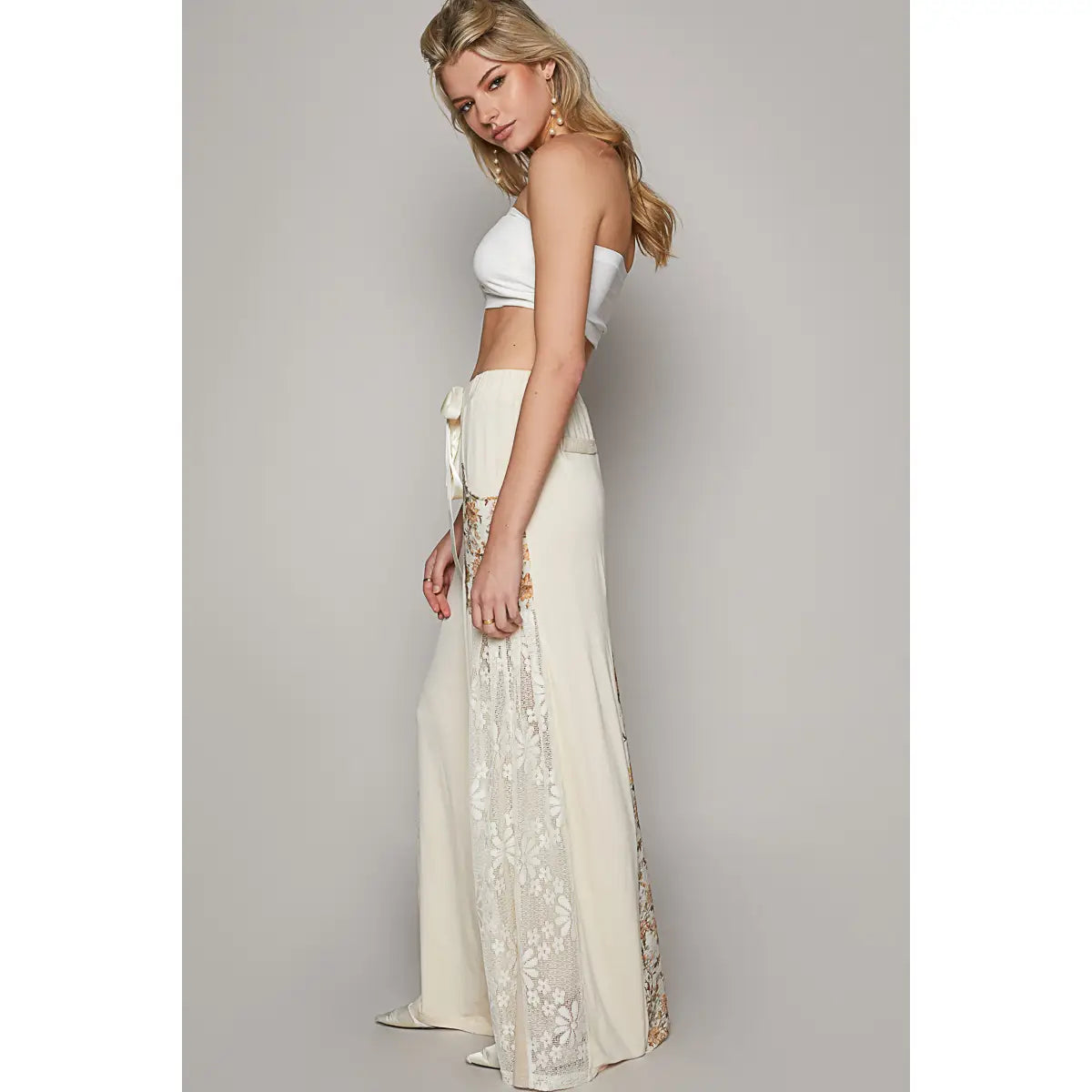 Lace Printed Fabric Contrast Wide Leg Pants - Cream