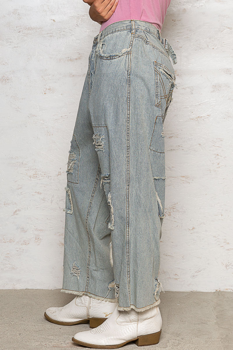 High Rise Patchwork Striped Boyfriend Jeans