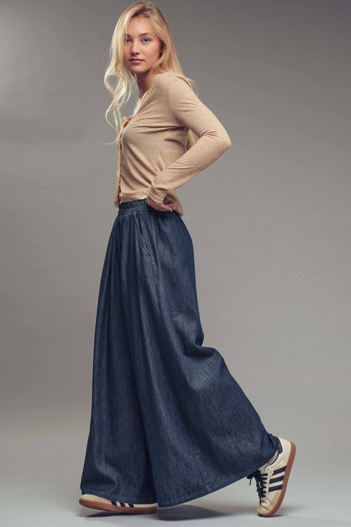 Ultra-Wide Leg Elastic Waist Denim Pants