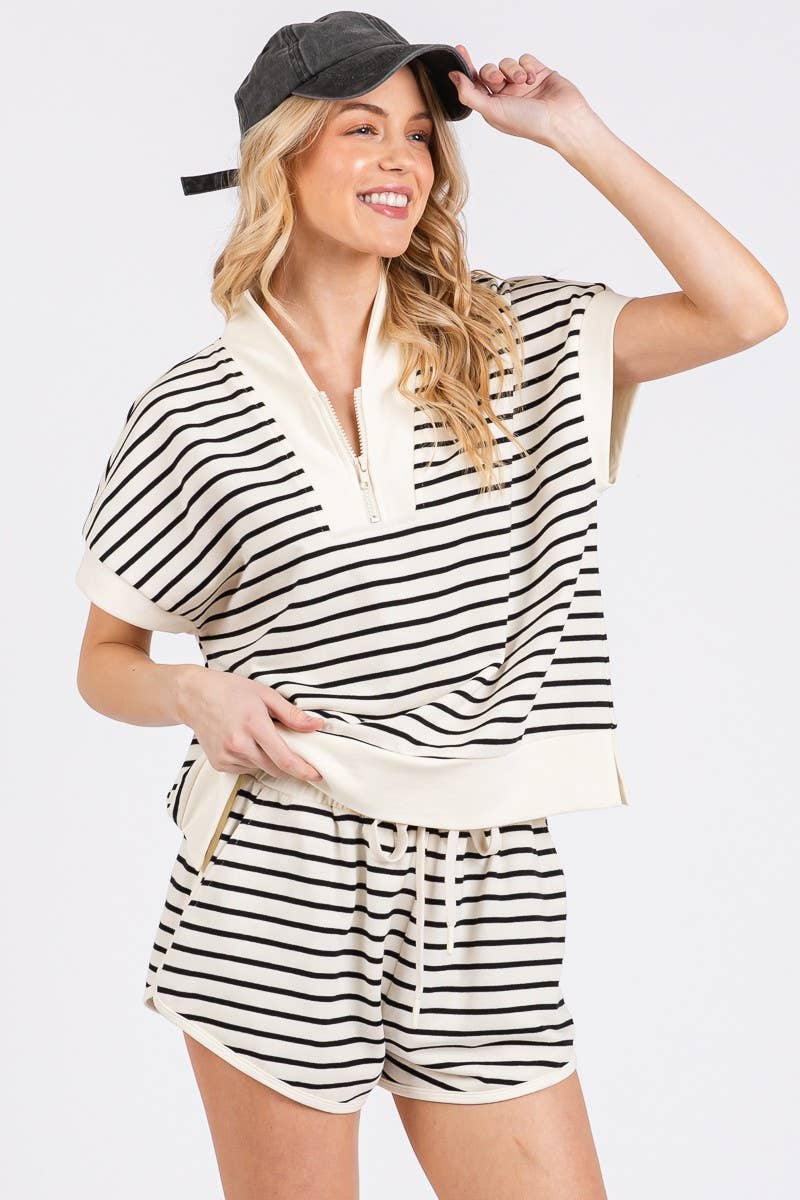 Half Zip Up Striped Top and Shorts Set (Sold Separately)