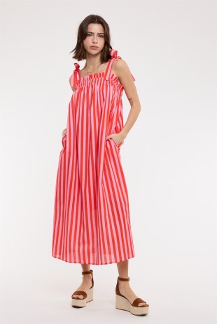 Striped Self Shoulder Ties Midi Dress - Cream/Mocha