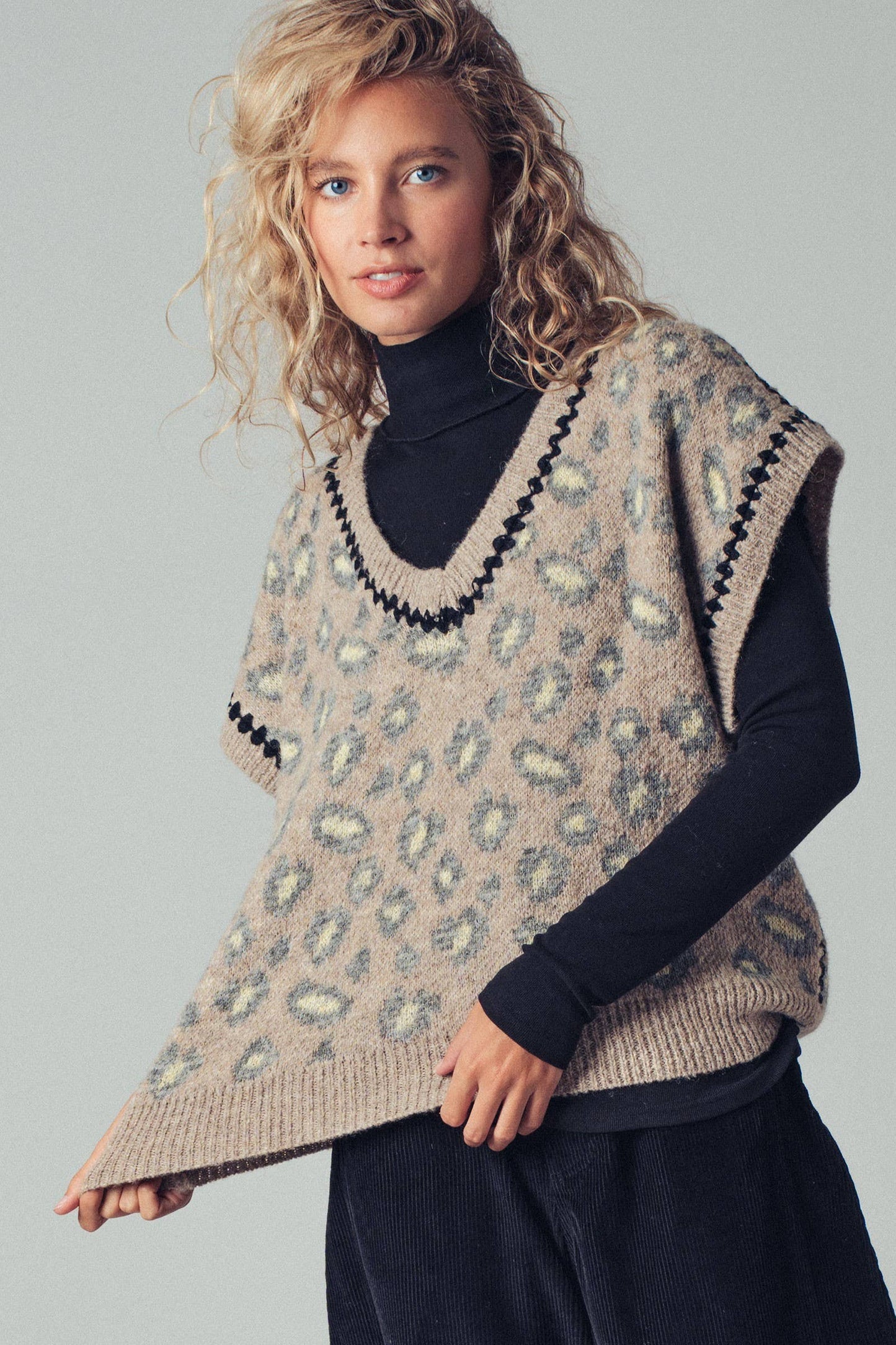 Leopard Crochet Trim Sweater Vest