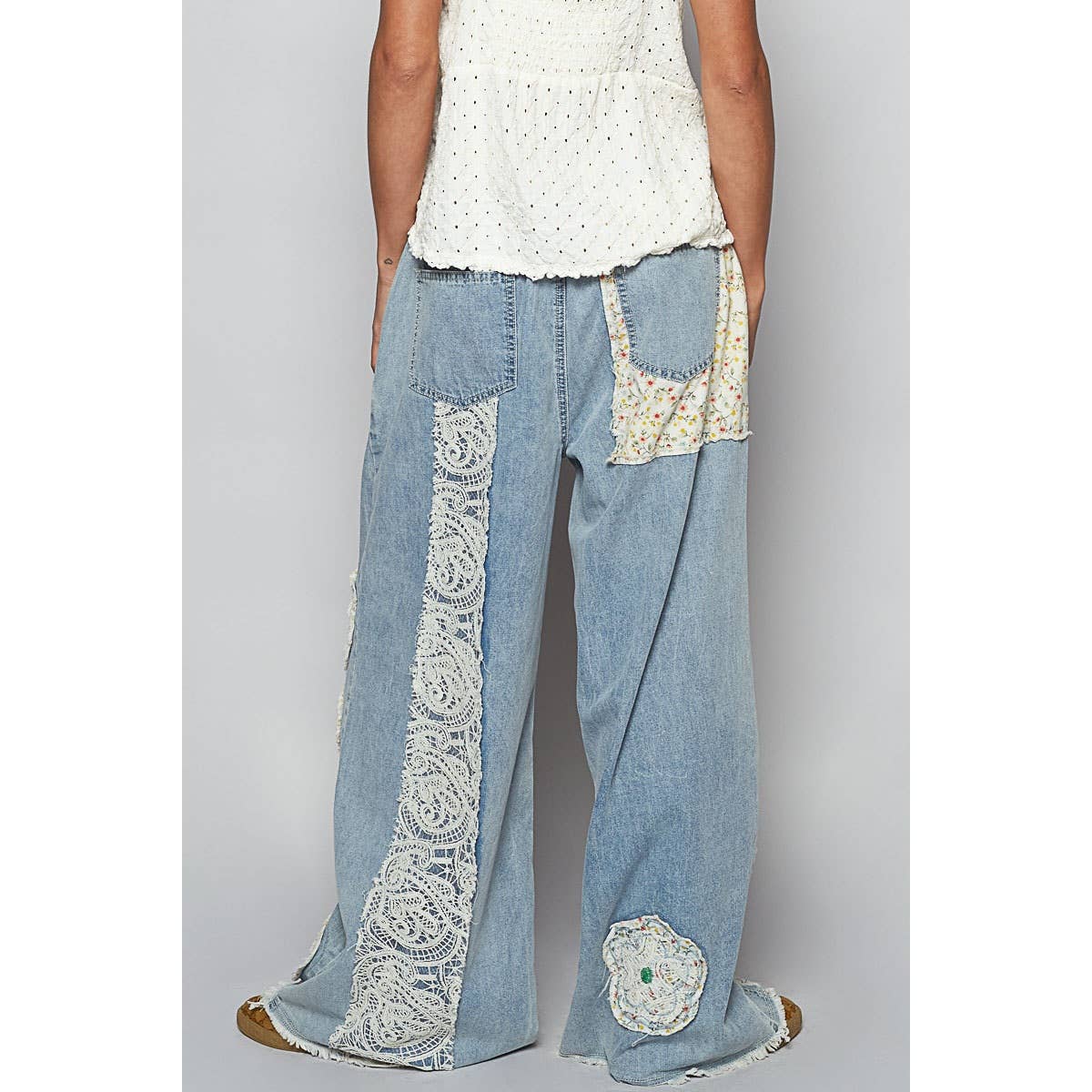 Drawstring Floral Patch Denim Pants
