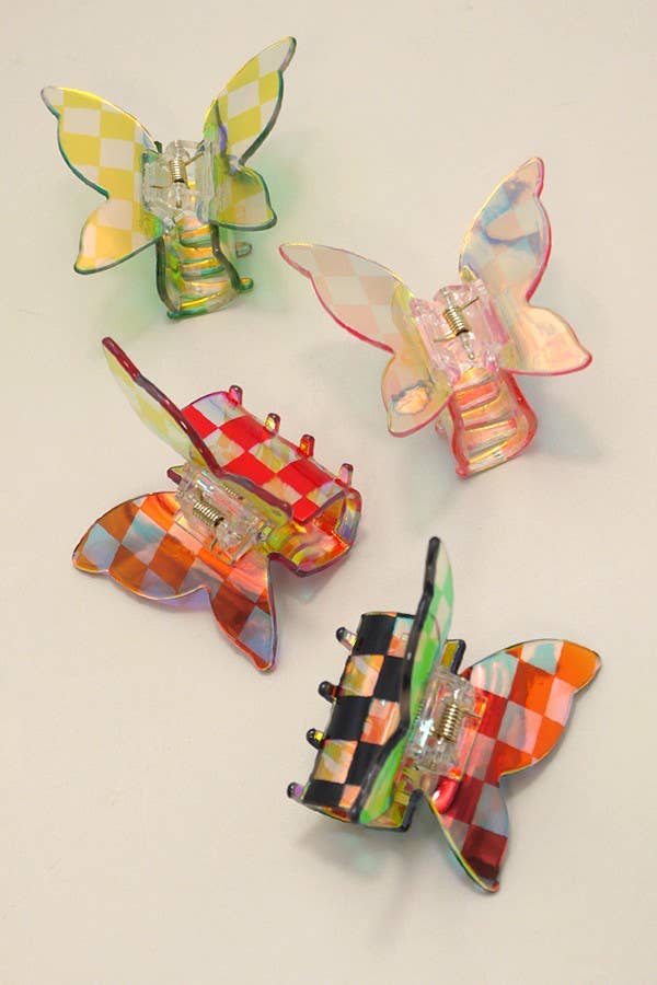 Checker Butterfly Holographic Hair Claw Clips