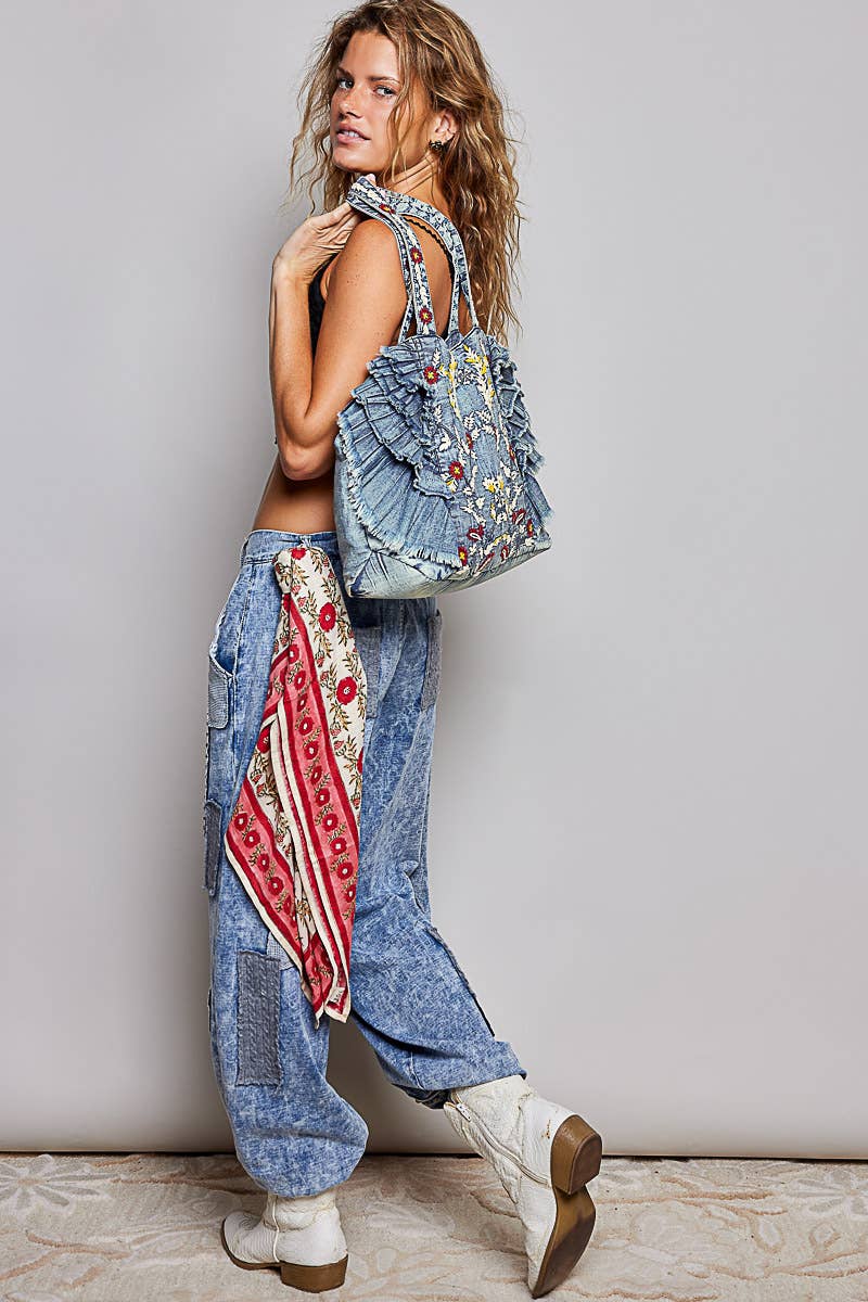 Vintage Wash Embroidered Ruffle Denim Tote Bag