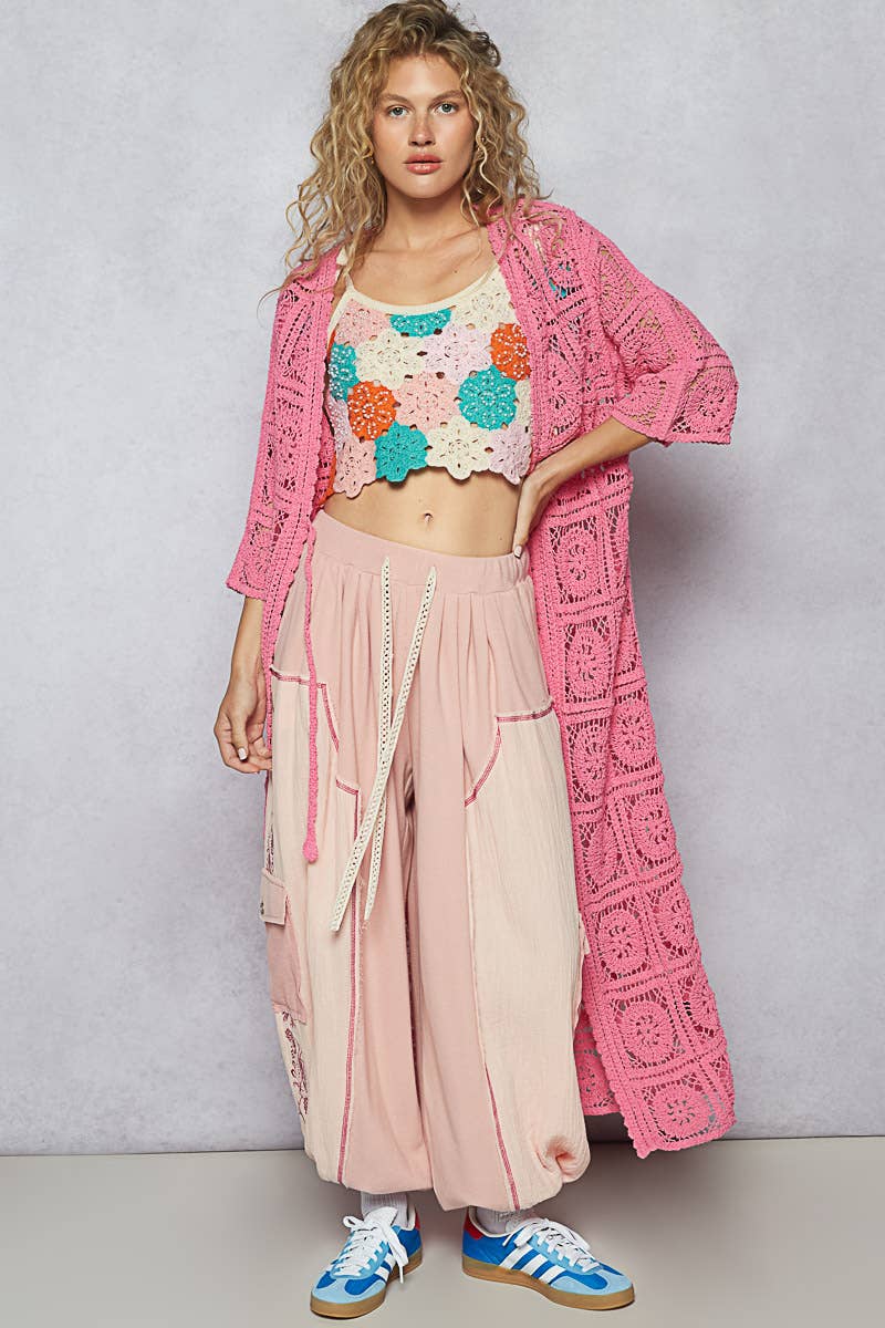 Long Sleeve Crochet Open Long Cardigan