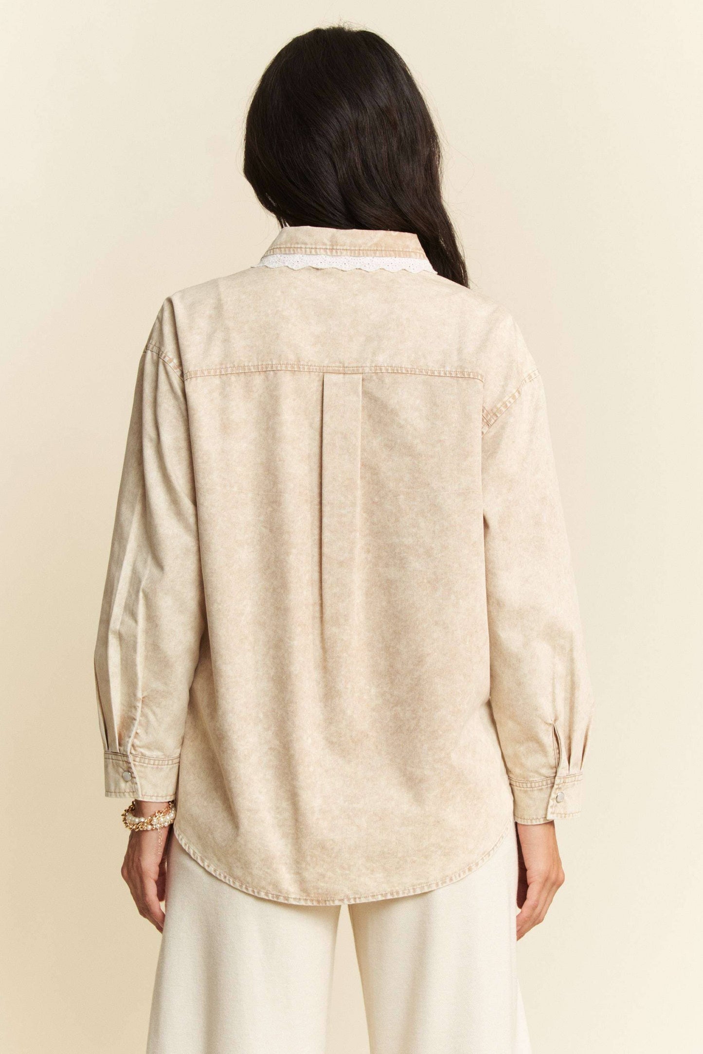 Lightweight Washed Lace Edge Waffle Knit Top - Beige