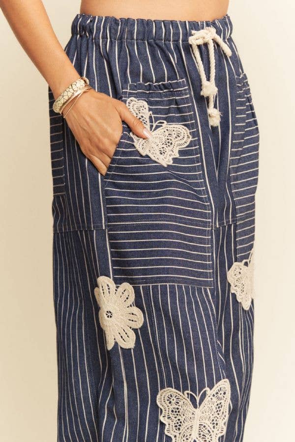 Lightweight Soft Denim Stripe Wide Barrel Pants - Denim Blue