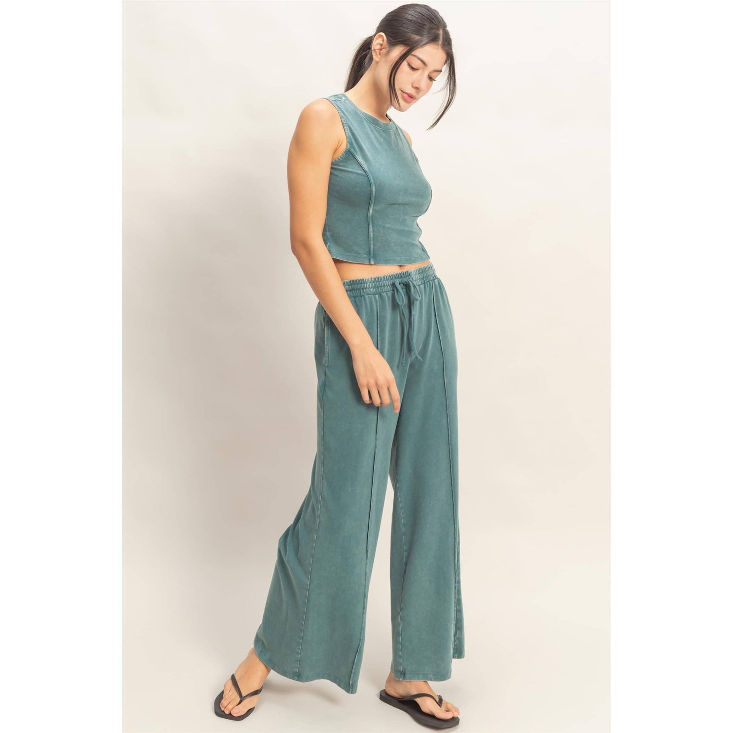 Mineral Washed Sleeveless Top & Wide Leg Pants Set (Sold Separately)