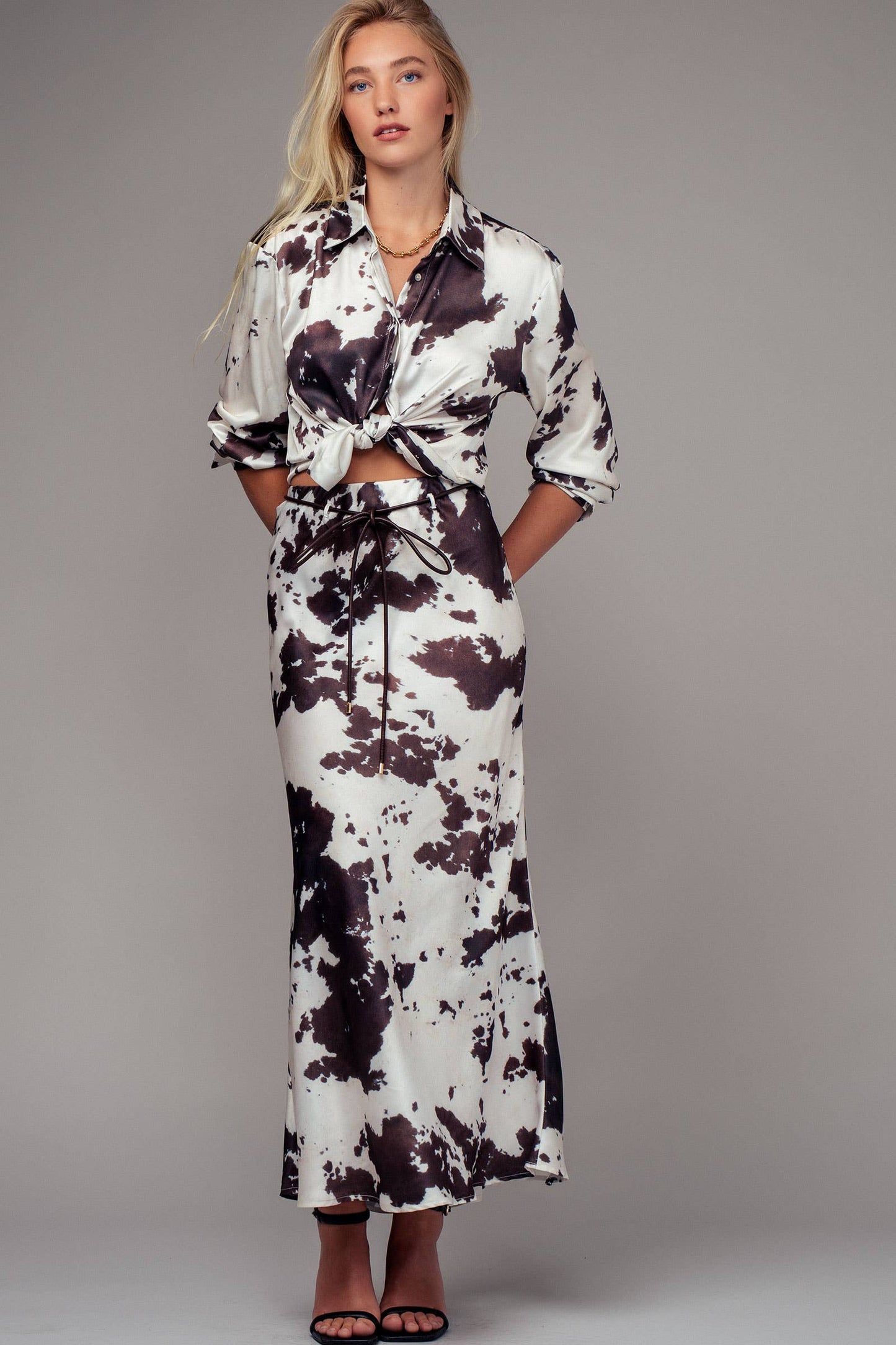 Cowhide Print Satin Drawstring Midi Skirt