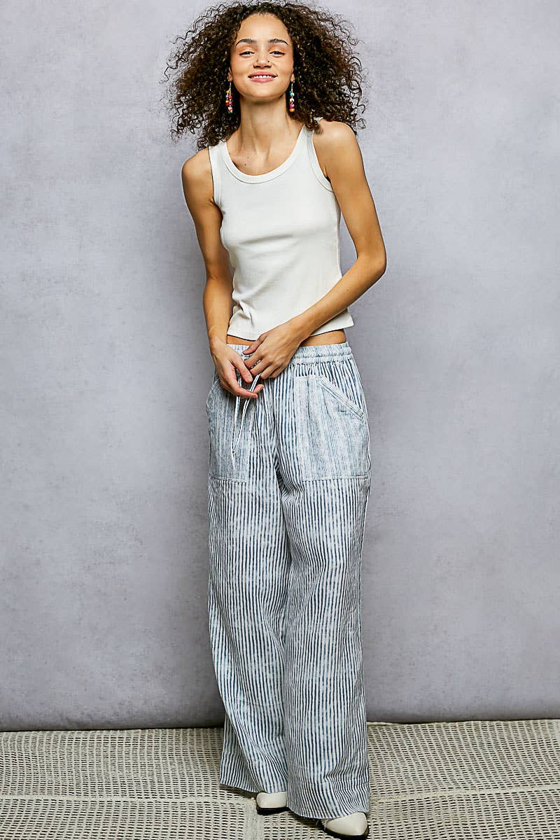 Striped Big Pocket Waist Band Straight Fit Pants