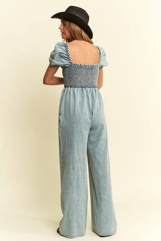 DENIM SMOCKED JUMPSUIT