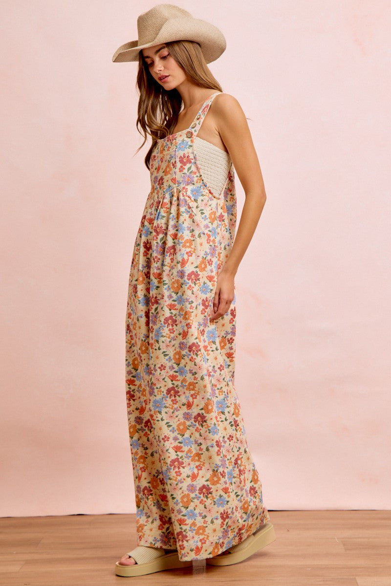 Washed Floral Twill Front Pockets Detail Overall