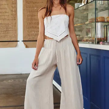 Wide Leg Solid Cotton Gauze Pants - Natural