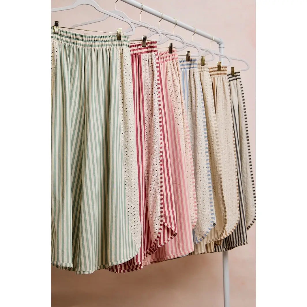 Floral Eyelet Side Elastic Stripes Wide Leg Pants