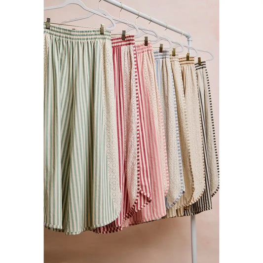 Floral Eyelet Side Elastic Stripes Wide Leg Pants