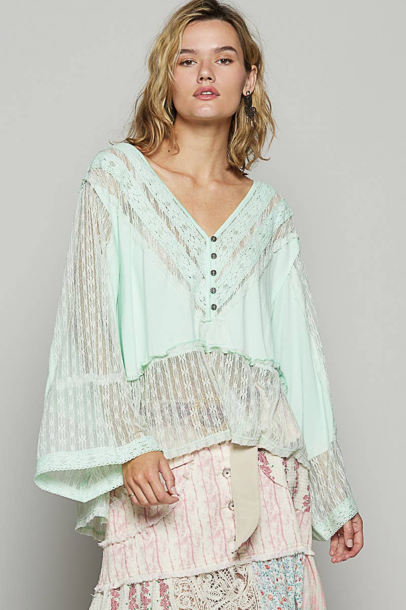 V Neck Long Sleeve Lace Contrast Knit Top