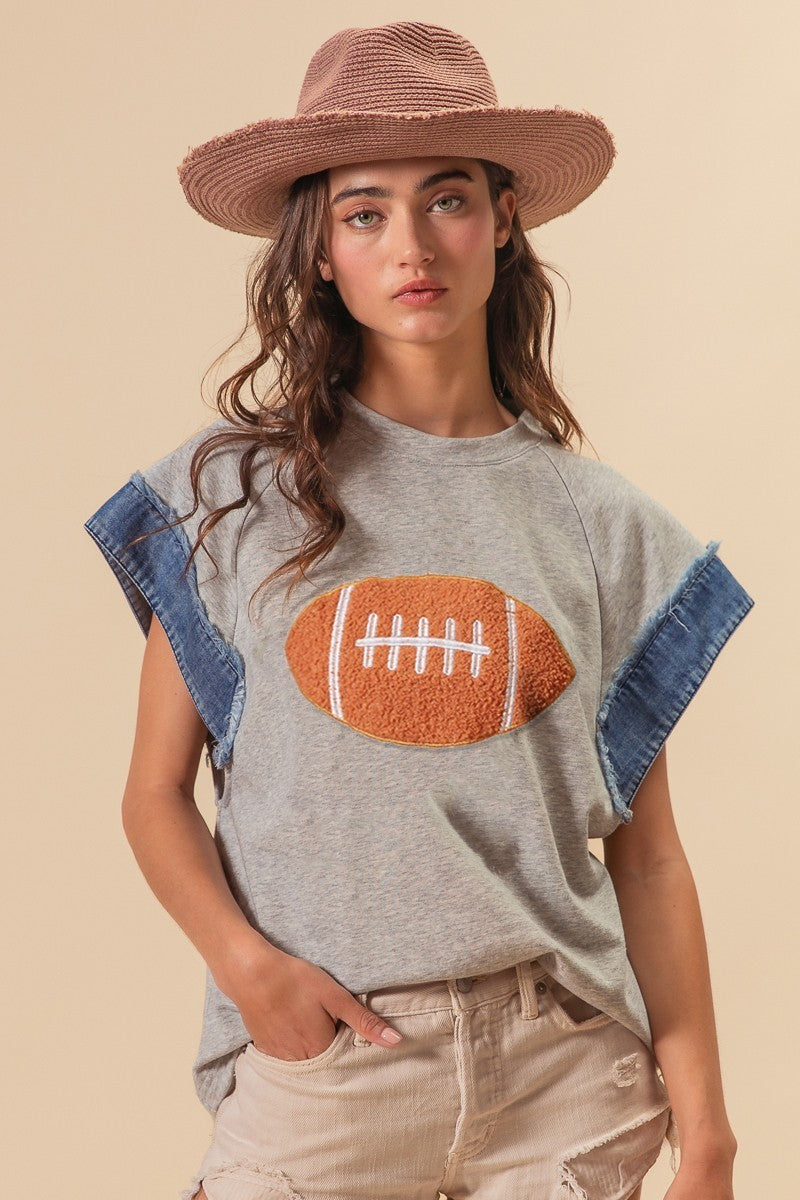 Football Patch Denim Gameday Top - Heather Grey