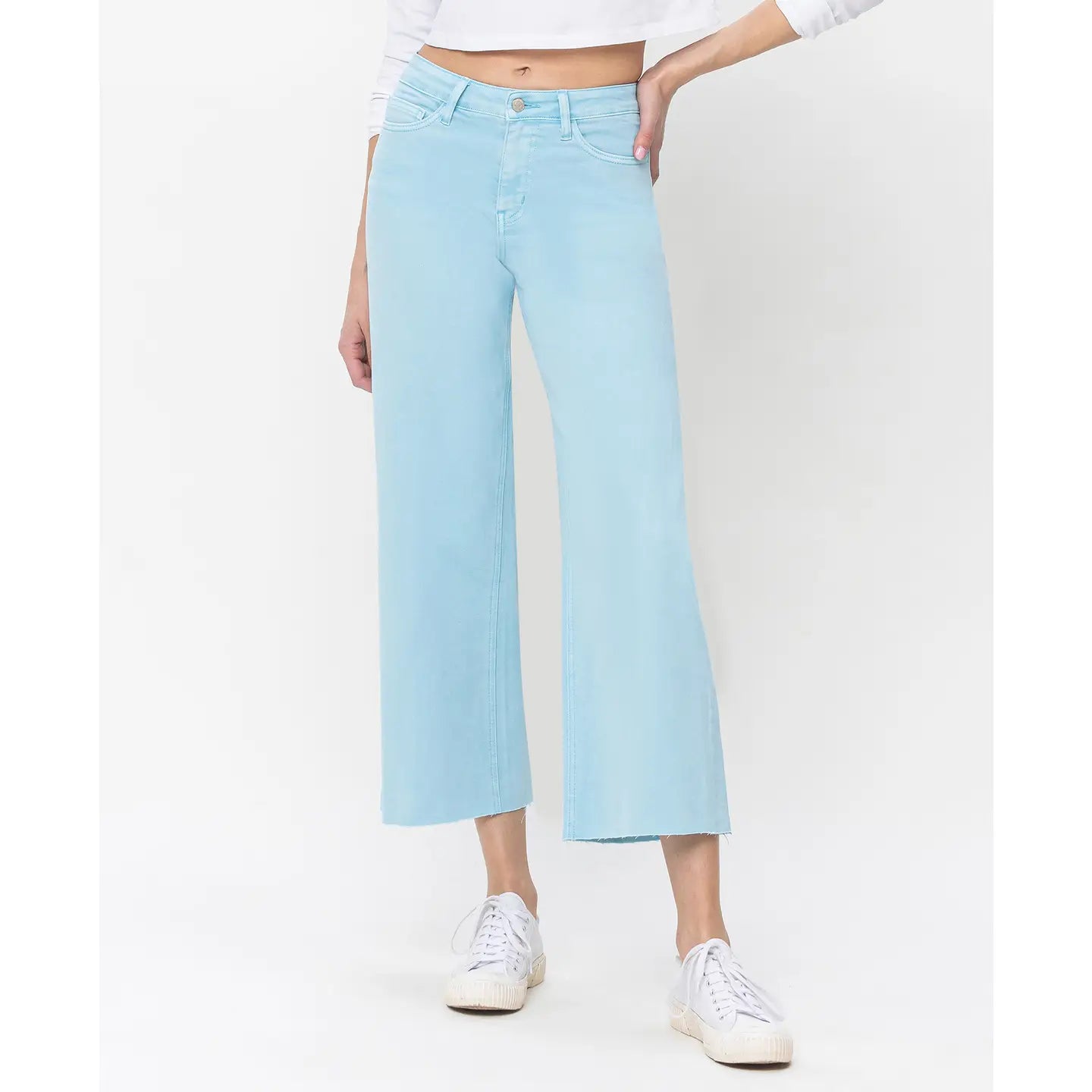 High Rise Clean Cut Raw Hem Wide Leg Jeans - Pastel Turquoise