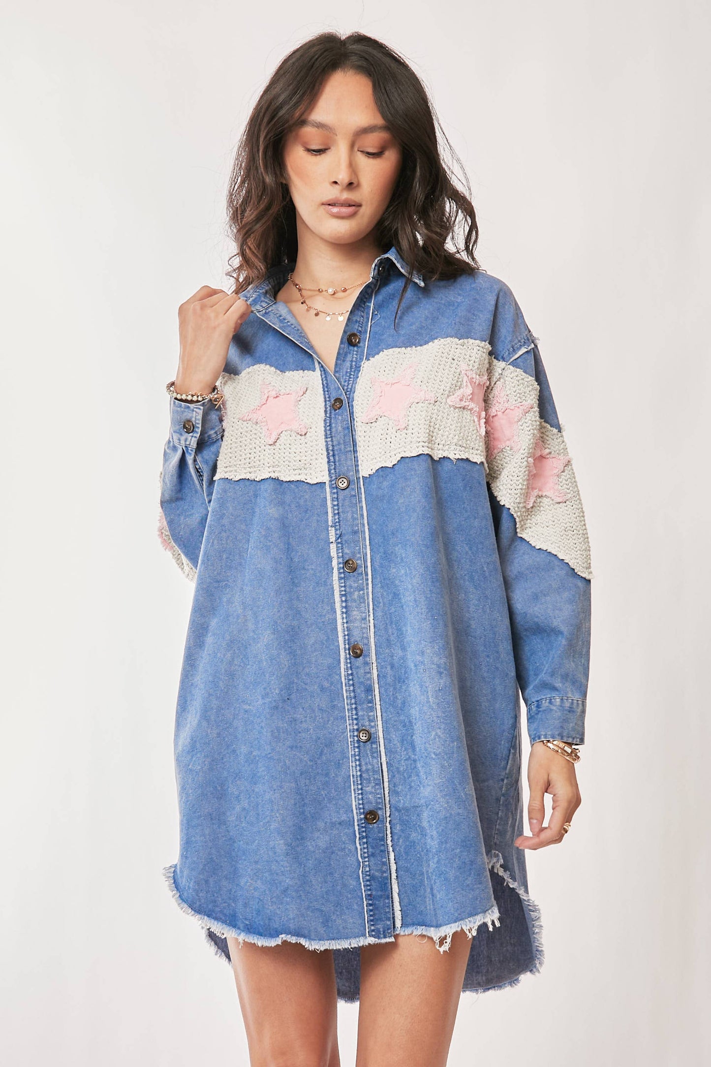 Acid Washed Denim Star Patch Shirt Dress
