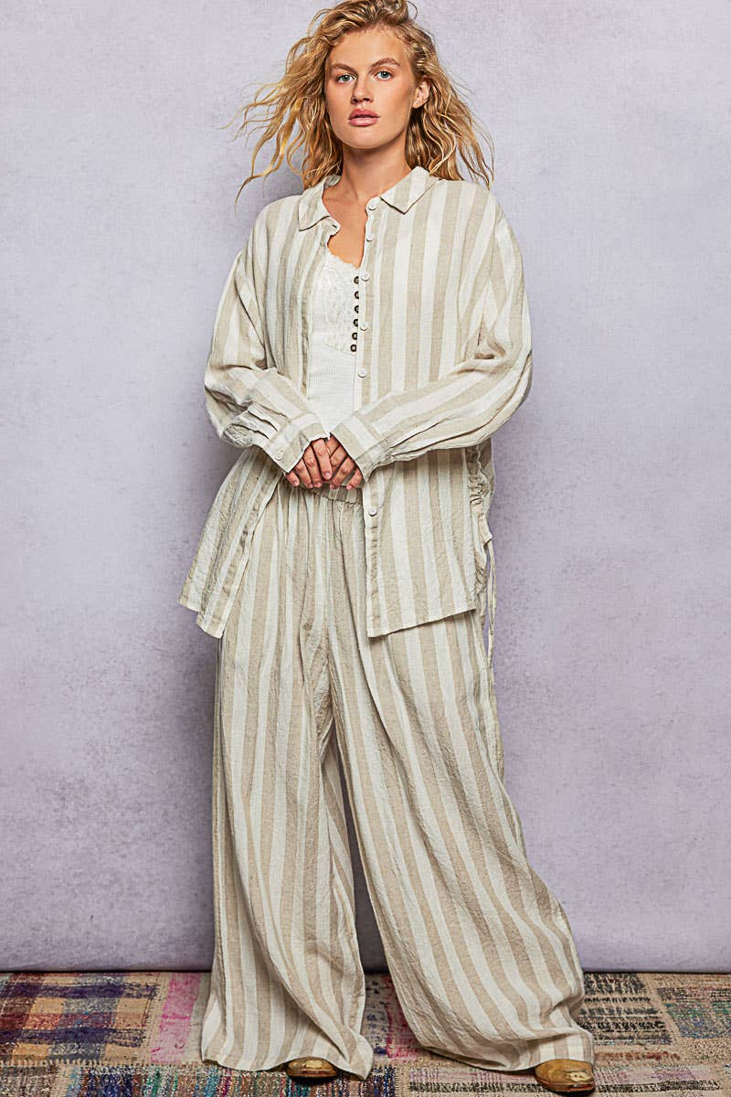 Stripe Pattern Elastic Waist Band Linen Woven Wide Pants