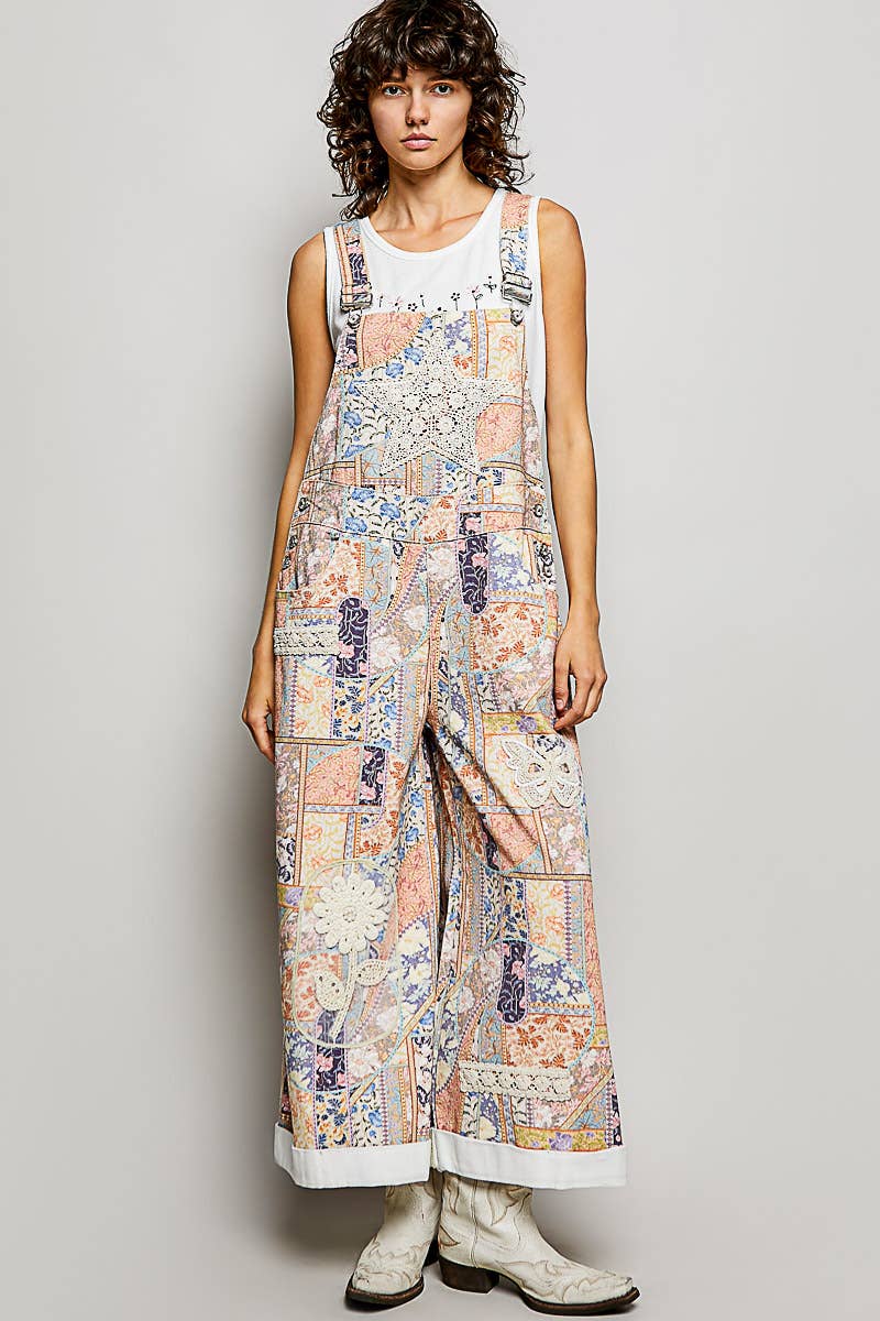 Floral Crochet Pearl Patch Roomy Fit Twill Overalls