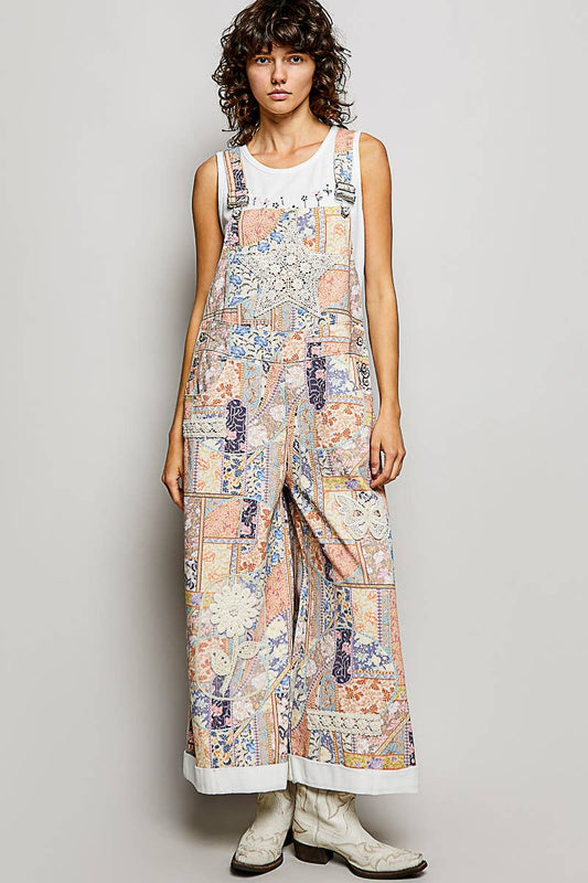 Floral Crochet Pearl Patch Roomy Fit Twill Overalls