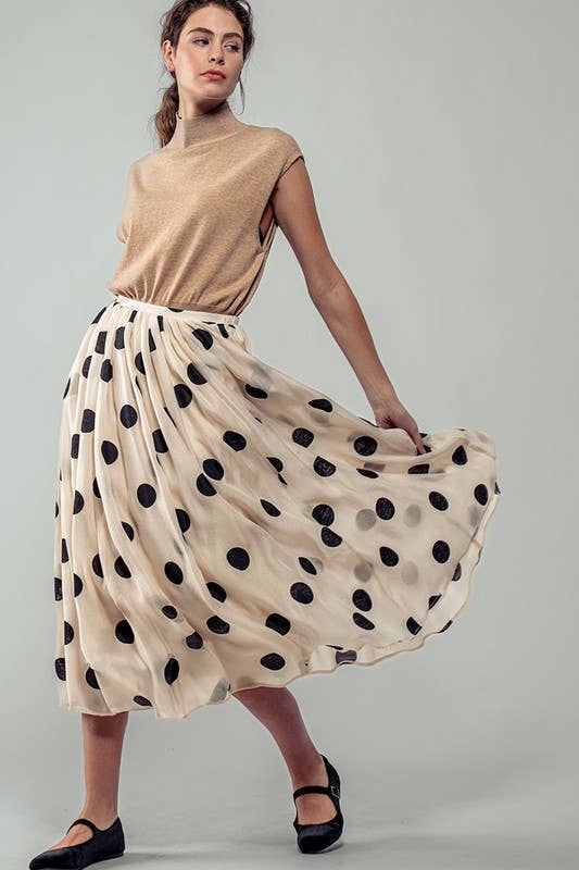 Polka Dot Elastic Waist Midi Skirt