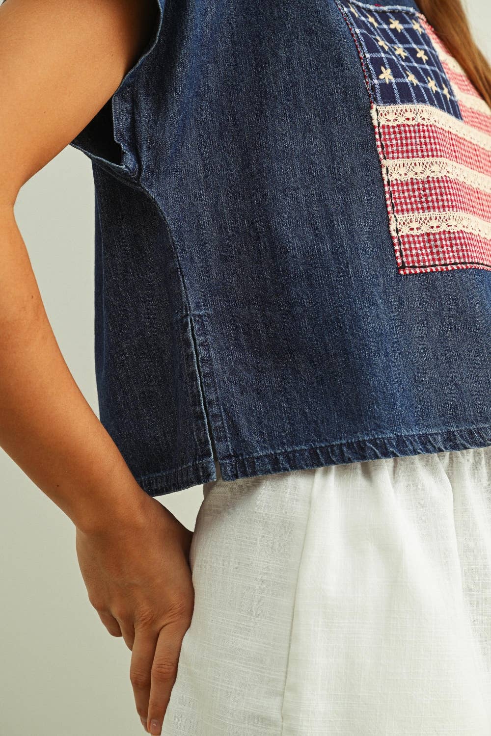MIxed Fabric Flag Patched Dolman Sleeve Top