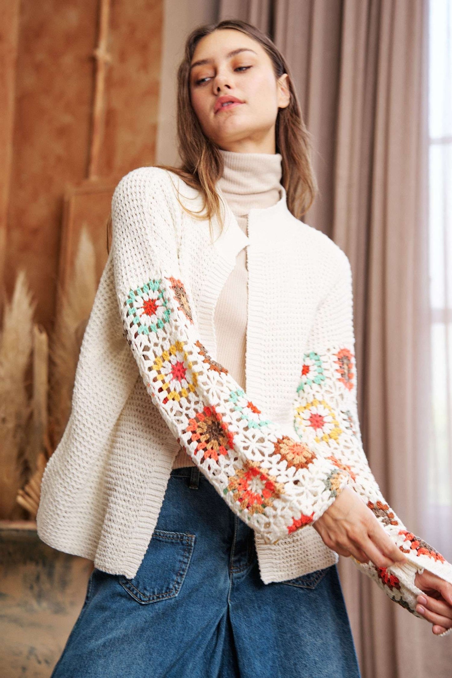 Crochet Floral Printed Knit Cardigan