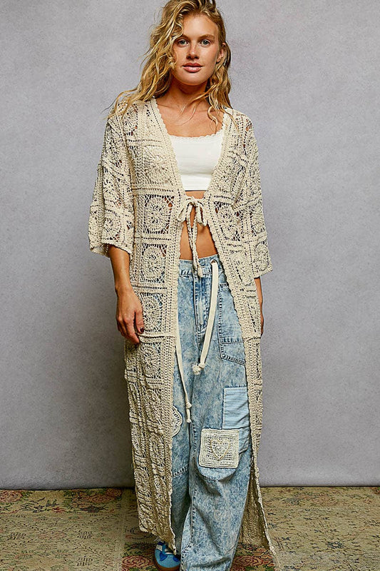 Long Sleeve Crochet Open Long Cardigan