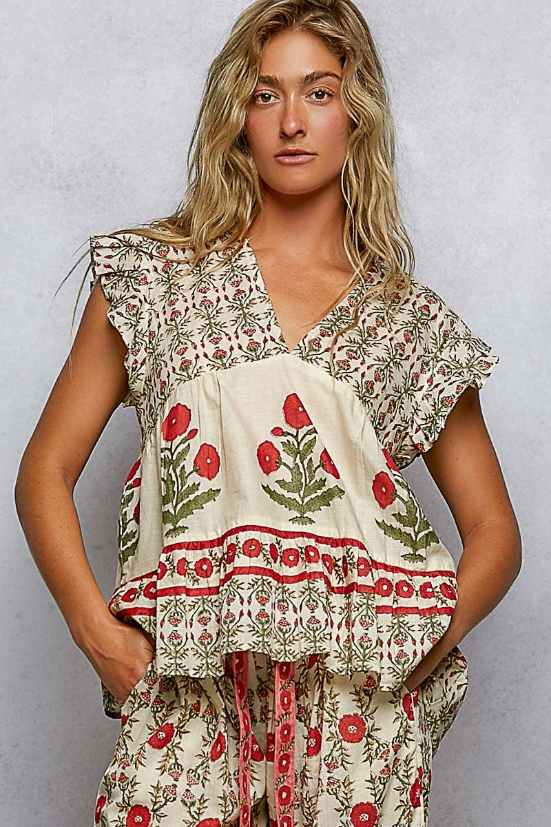 V-Neck Floral Pattern Ruffle Sleeve Top