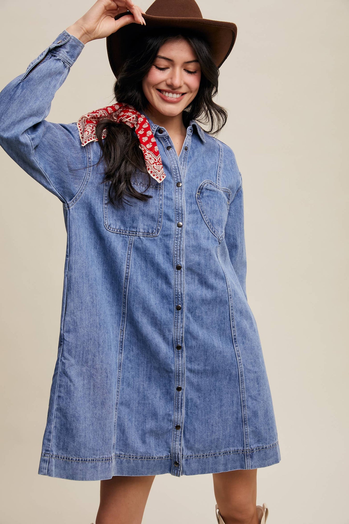 Denim Heart-Pocket Shirt Dress